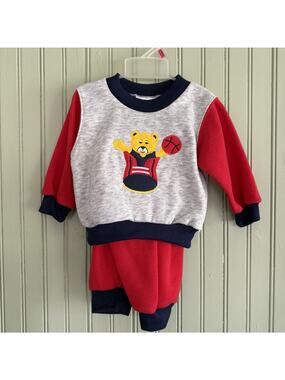 Vtg Baby Boys 6-9 Months 2 Piece Set Bear Basketball Shirt Sweatpants Red Blue